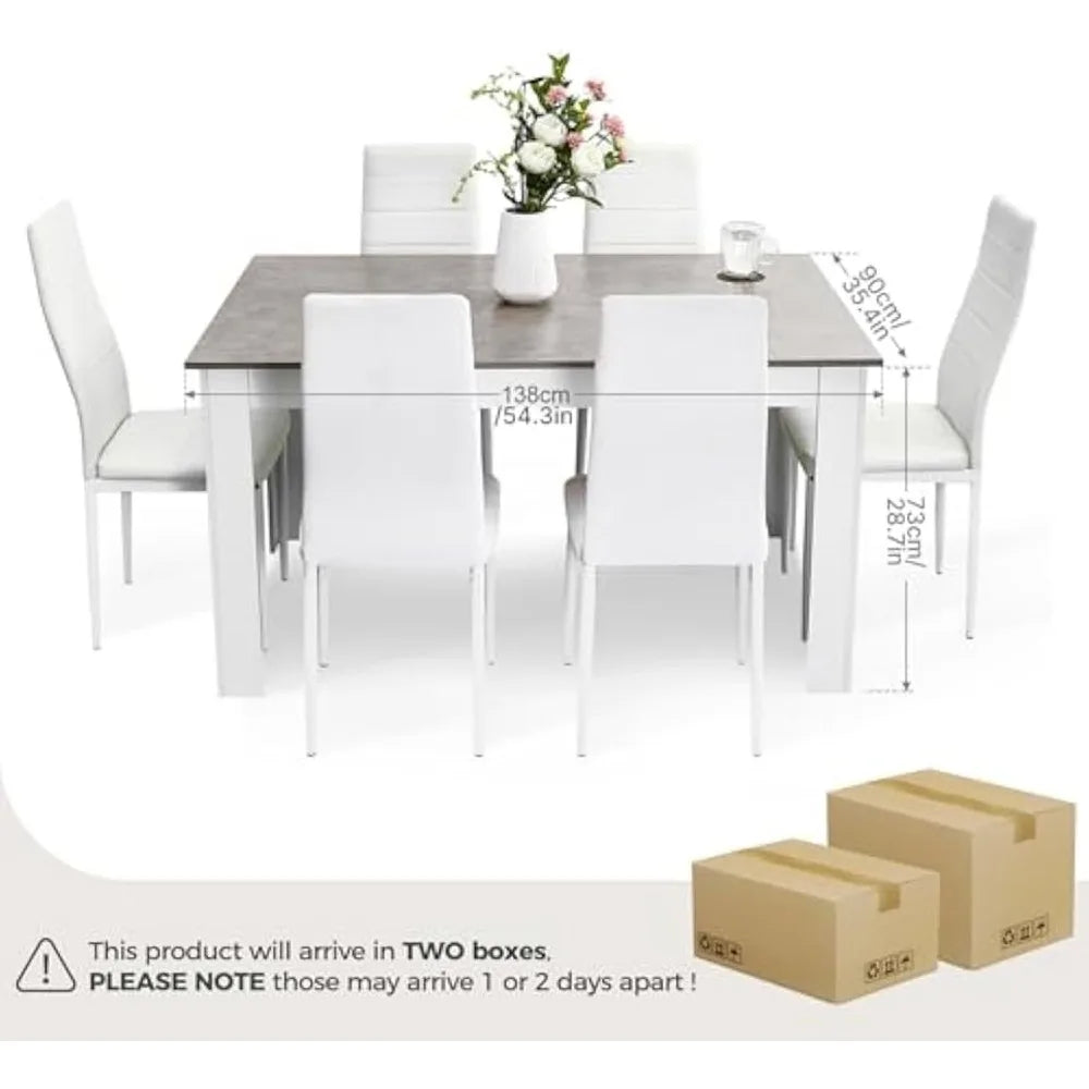 Dining Table and Chairs Set 6, 7 Pieces Kitchen Table Set with High Back Faux Leather Chair for Dining Room Kitchen Rectangular