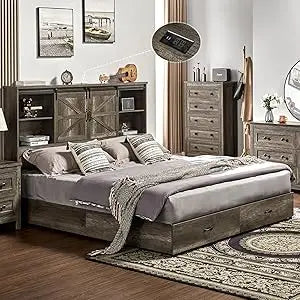 VanAcc Queen Size Bed Frame, Wooden Platform Storage Bed with 51.2" Bookcase Headboard, 2 Drawers, Charging Station/No Box Sprin