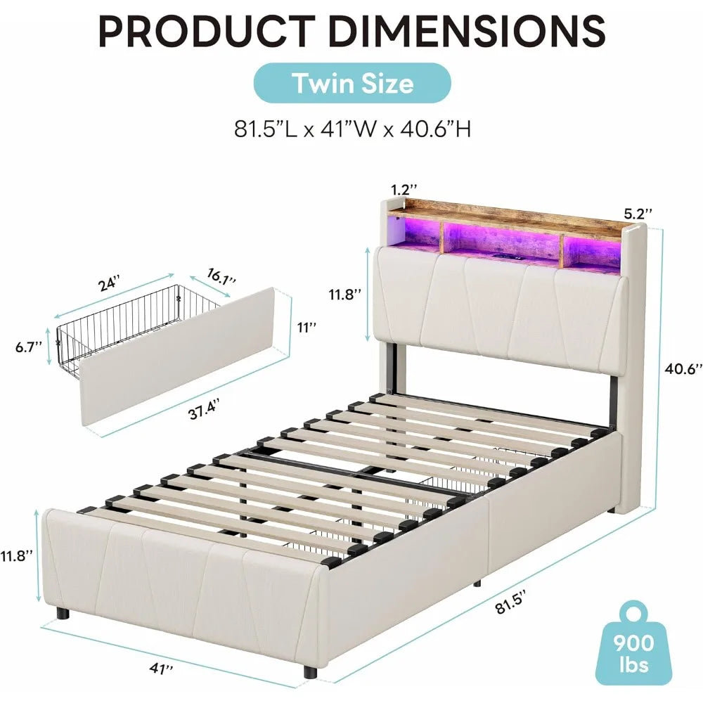Upholstered Twin Bed Frame with Storage Drawers, Charging Station, LED Lights, and Storage Headboard