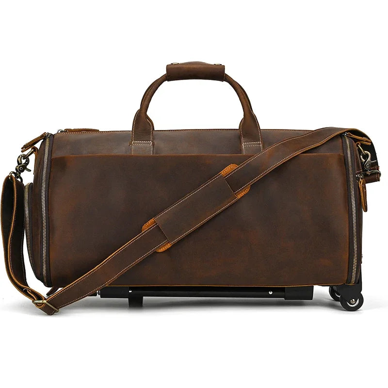 Large Capacity Tolley Case Genuine Leather Handbag with Roller Trolley Bag for Men Male Shoulder Bag for Business with Shoe Bag