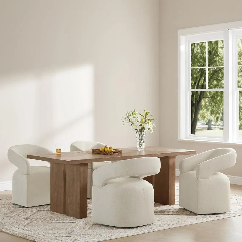 4-PC Upholstered Dining Chairs with Casters, Barrel Armchair Roller Chairs Cream Beige Set