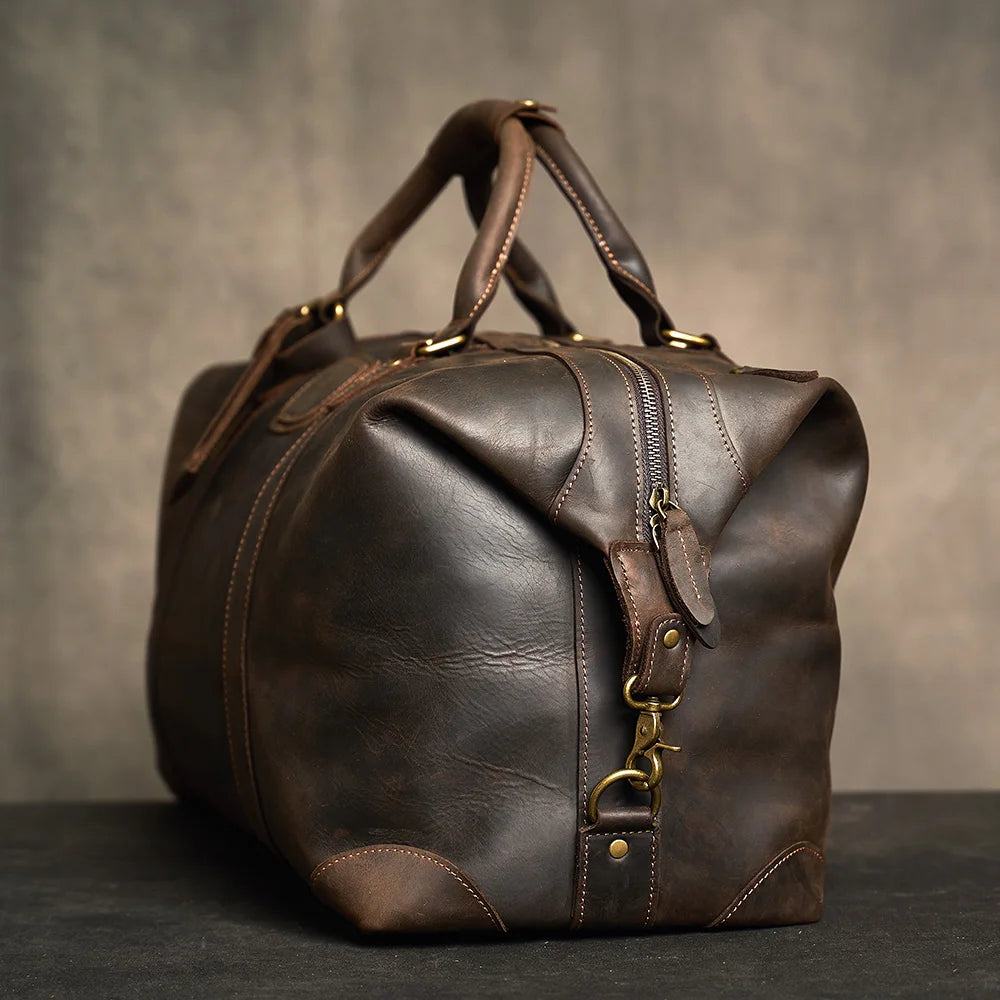 Customised Laser Engraving Crazy Horse Genuine Leather Men Travel Bag Real Leather Travel Duffel  Male Luuage Handbag Duffle