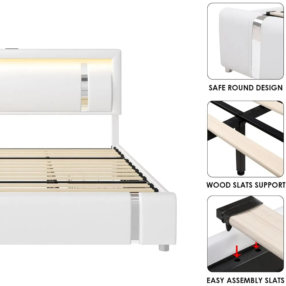 Queen/Full Bed Frame with RGB LED Lights Headboard & 2 Storage Drawers, Sturdy wooden frame, Modern Upholstered Faux Leather Bed
