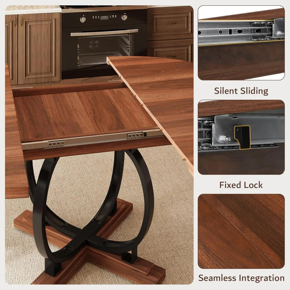 59'' Extendable Round Dining Table for 4 to 6, Kitchen Table with Sturdy X-Base Metal Legs, MDF Board with Backboard Clasp, Expa