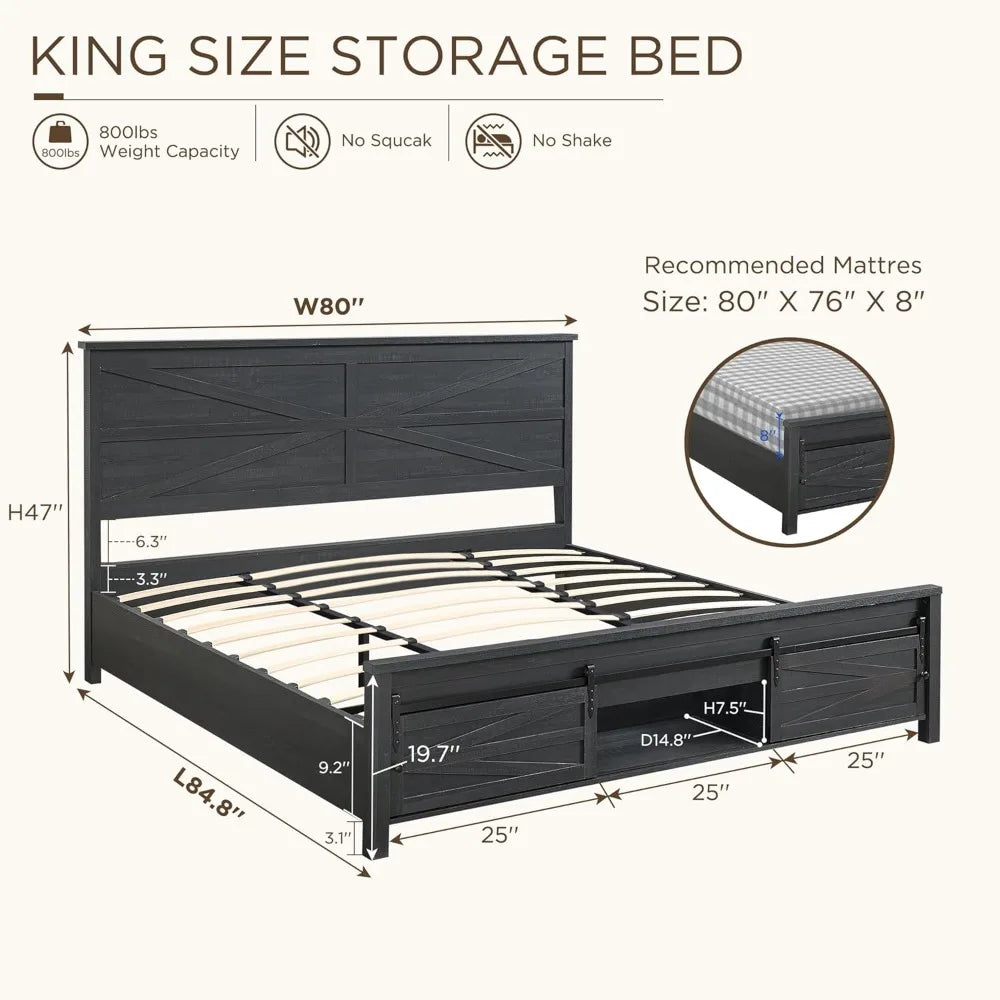 JXQTLINGMU Farmhouse Wood Bed Frame King Size with Sliding Barn Door Storage Cabinets and Headboard, Solid Wood Slats Support, N