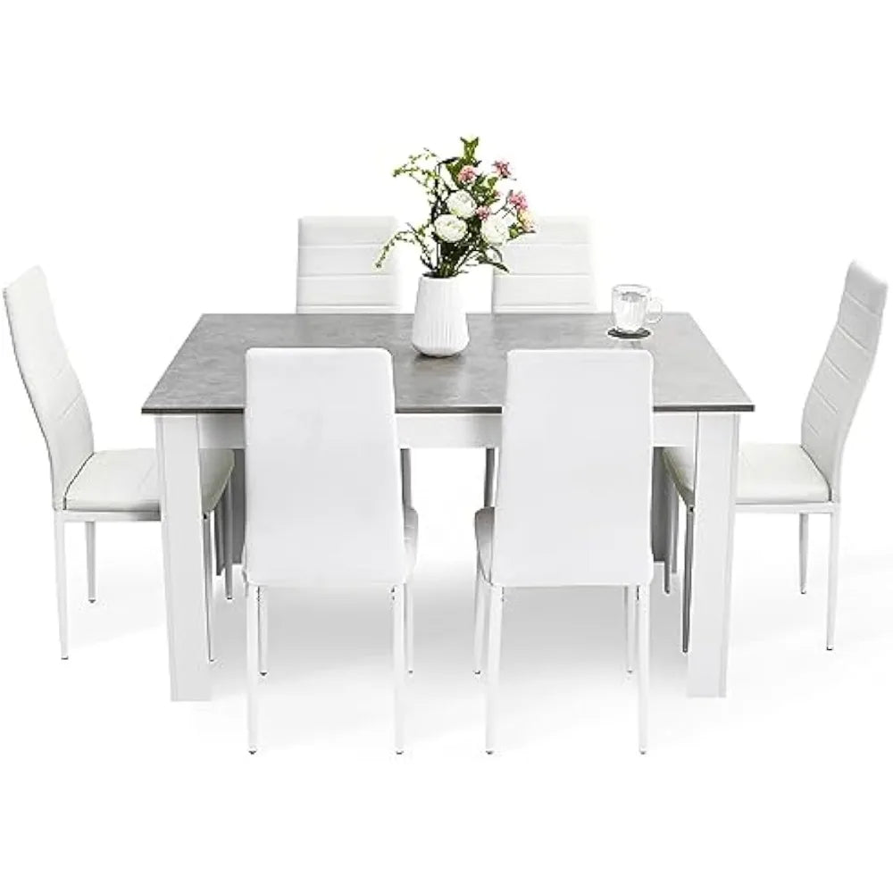 Dining Table and Chairs Set 6, 7 Pieces Kitchen Table Set with High Back Faux Leather Chair for Dining Room Kitchen Rectangular