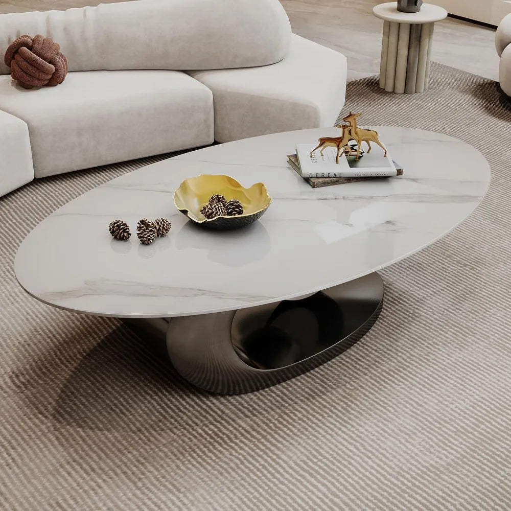 Modern Oval Stone Coffee Table with Gray Metal Base - Elegant Centerpiece for Stylish Living Rooms - 49.2" Lx27.6 Wx15.8 H