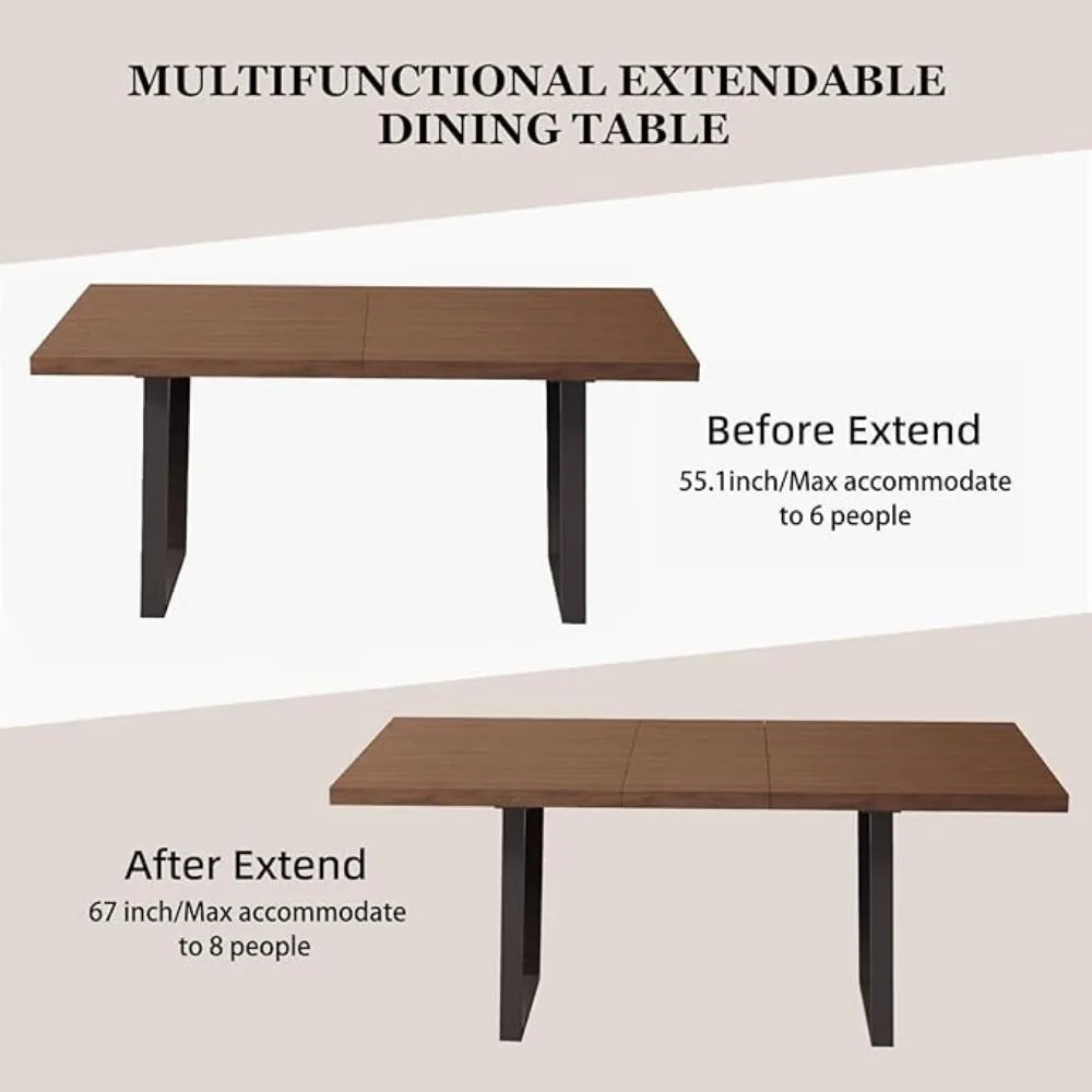 Walnut Color Expandable Dining Table, 51-67 Inches Adjustable Length, Modern Simple Design, Perfect for Family & Office, Seats6+