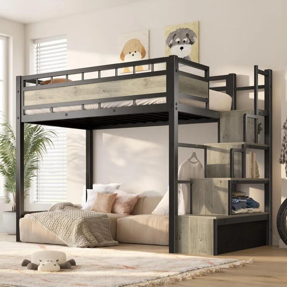 Loft Bed Twin Size, Heavy Duty Metal Loft Bed Frame & Safe Stairs Storage with Large Under Bed Space for Teens and Junior, Black