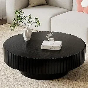 Mid-Century Modern Round Coffee Table with Hidden Storage, Solid Wood Veneer Center Table for Living Room