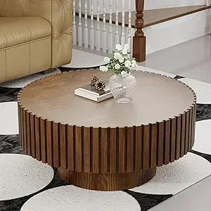 Mid-Century Modern Round Coffee Table with Hidden Storage, Solid Wood Veneer Center Table for Living Room