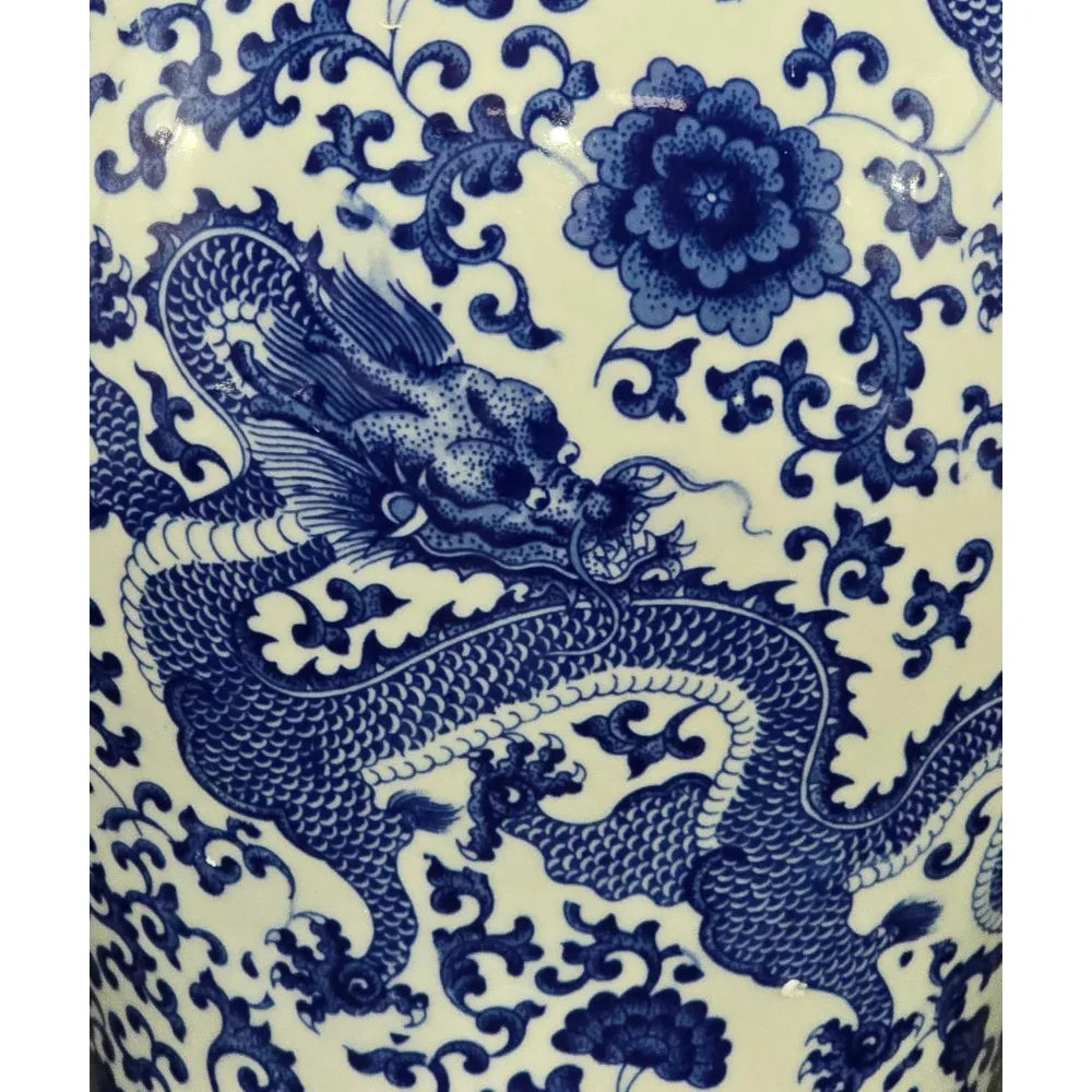 Vintage Blue & White Floral Porcelain Ginger Jar, Large Qing Dynasty-Style Vase with Dragon Motif