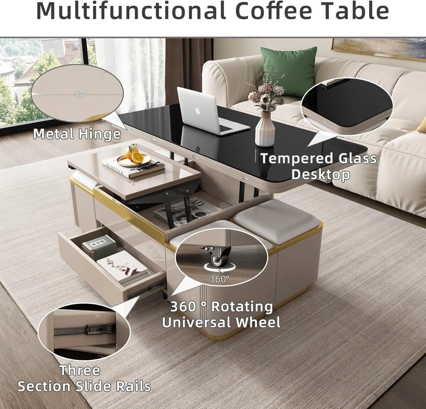 Pull Out Lift Top Coffee Table, Hidden Compartment and Tempered , Modern Folding Converts to Dining Table, Black