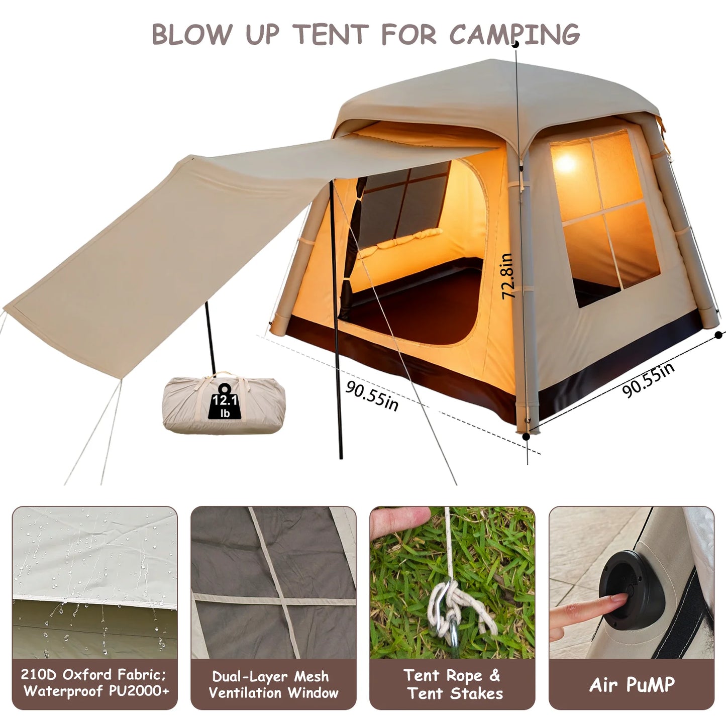 Automatic Inflatable Camping Tent，Easy Set up 3-6 Person Glamping Outdoor Air Blow Up Tents,Equipped with a built-in air pump