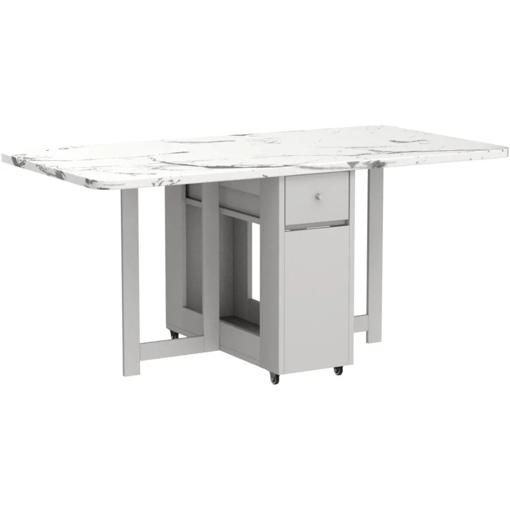 Space-Saving Extendable Folding Dining Table with Storage Rack and Drawers, White