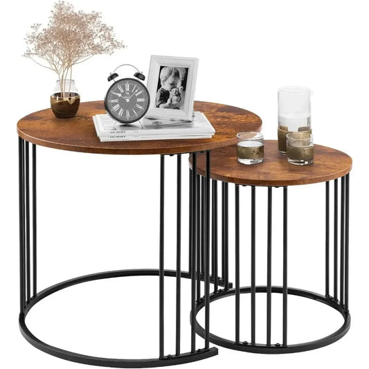 Nesting Coffee Table Set of 2, Round Table, Morden End Side Table Night Stand for Bedroom Dining Room (Brown)