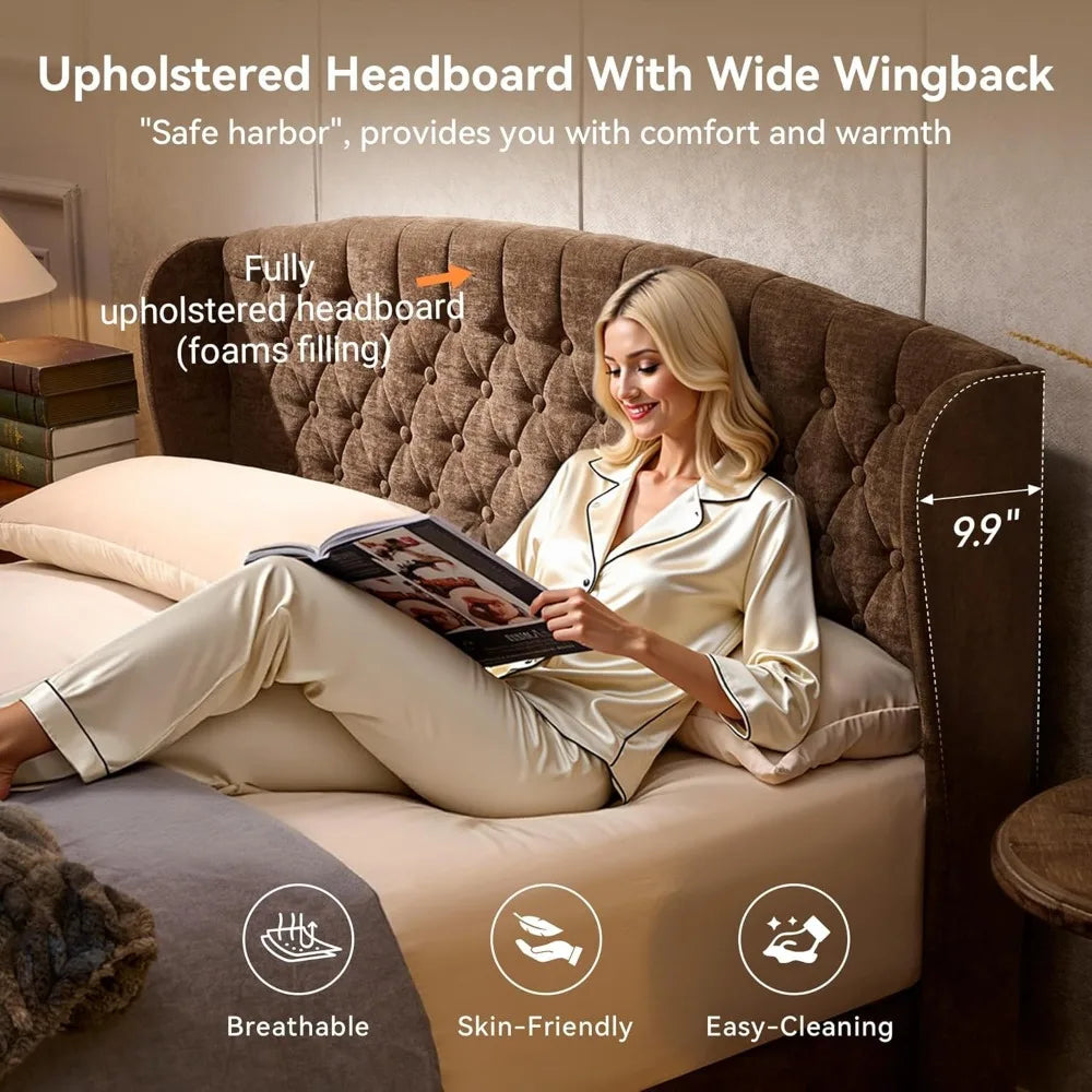 Queen Size Sleigh Bed Frame with Wingback Headboard, Chenille Upholstered Platform Bed Frame with Scroll Footboard, Button Tufte