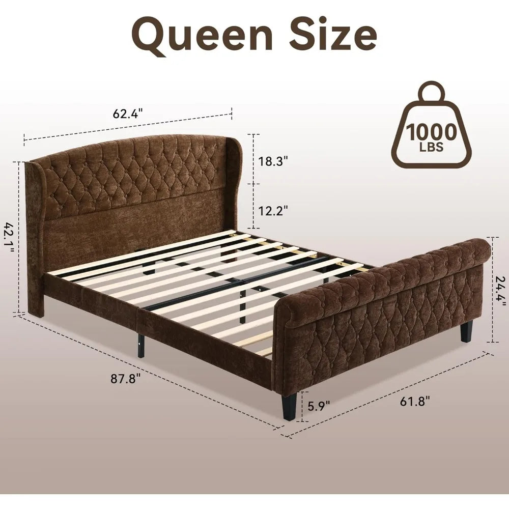Queen Size Sleigh Bed Frame with Wingback Headboard, Chenille Upholstered Platform Bed Frame with Scroll Footboard, Button Tufte