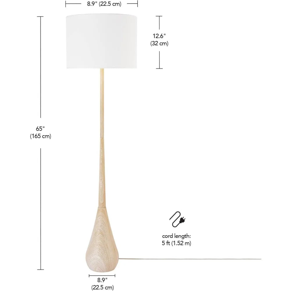 Globe Electric 52112 65 Floor Lamp with Faux Wood Finish, White Cotton Shade, Japandi Style, E26 Base, Suitable for Modern Bedro