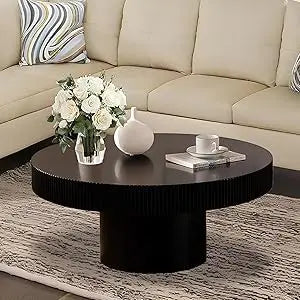 Mid-Century Modern Round Coffee Table with Hidden Storage, Solid Wood Veneer Center Table for Living Room