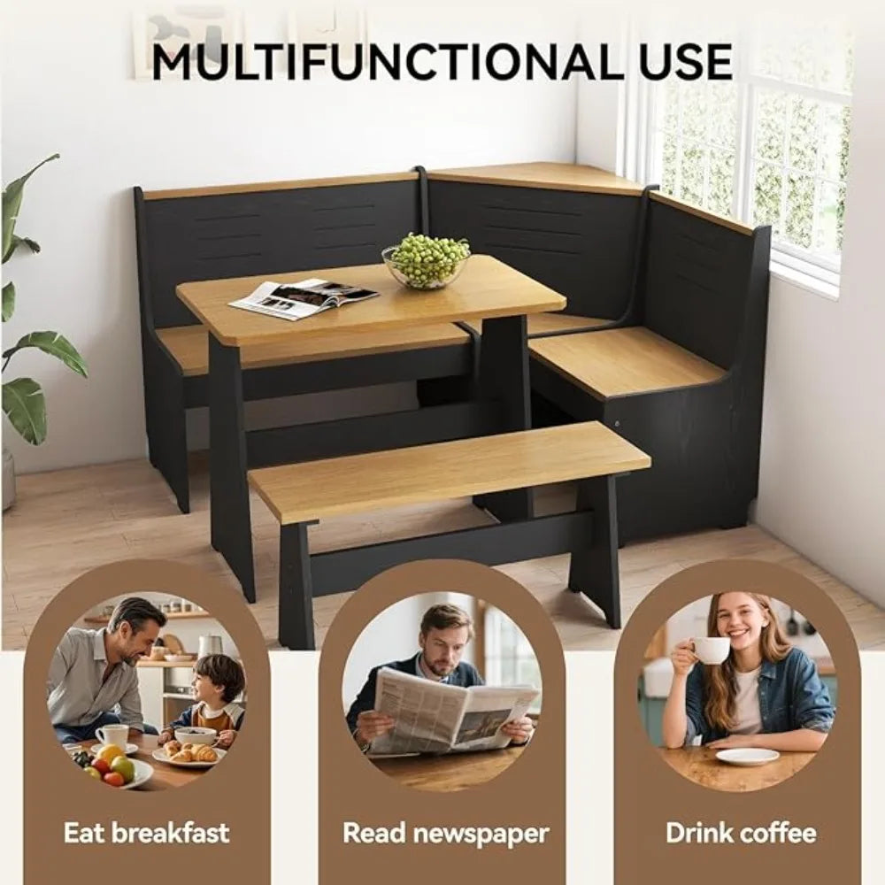 Breakfast Nook Corner Dining Table Kitchen Bench Chair Set, Space-Saving 3-5 People Seat Reversible L-Shape for Family Home Blac