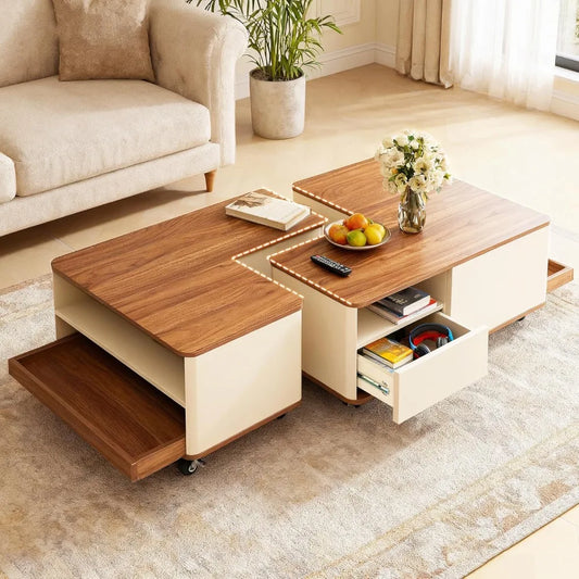 Farmhouse Coffee Tables for Living Room, Unique Coffee Table with Wheels & Storage, Wood Large Convertible Center Table