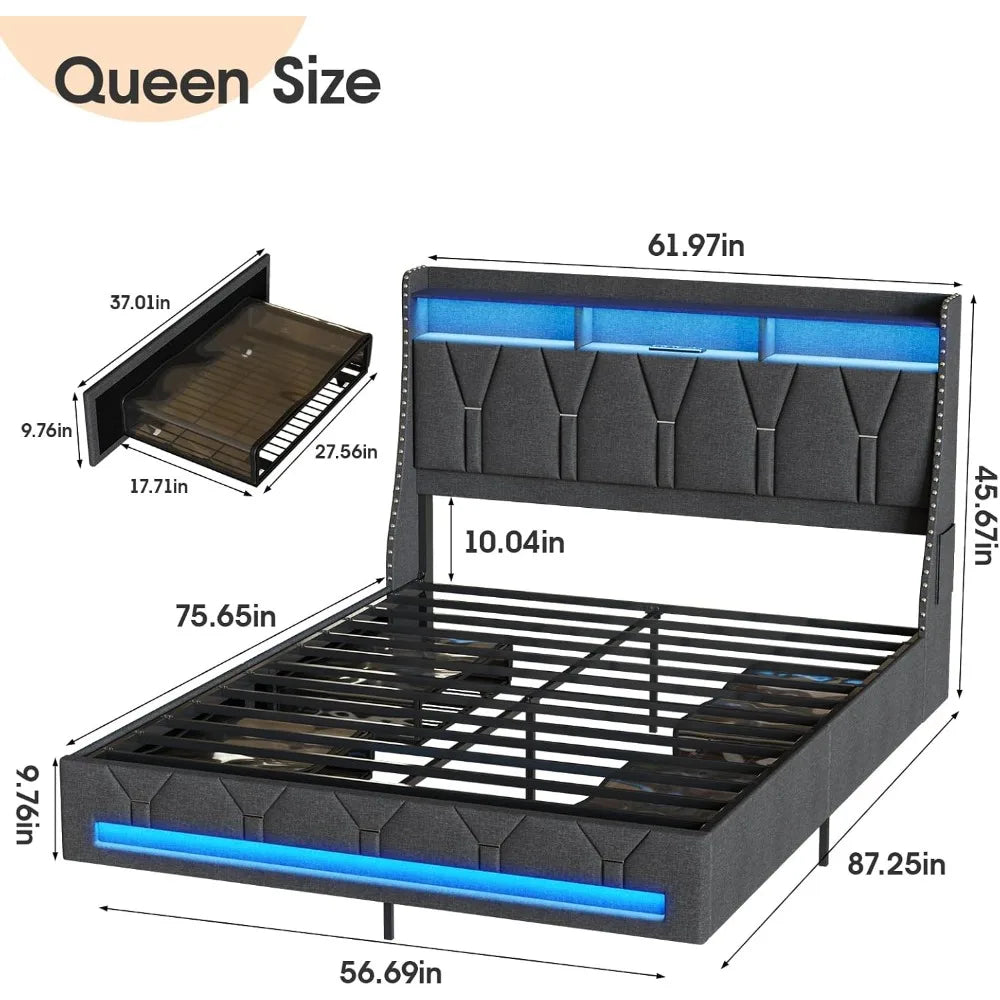 Maupvit Upholstered Queen Bed with 4 Underbed Storage Drawers, Headboard, Charging Port, and LED Lighting