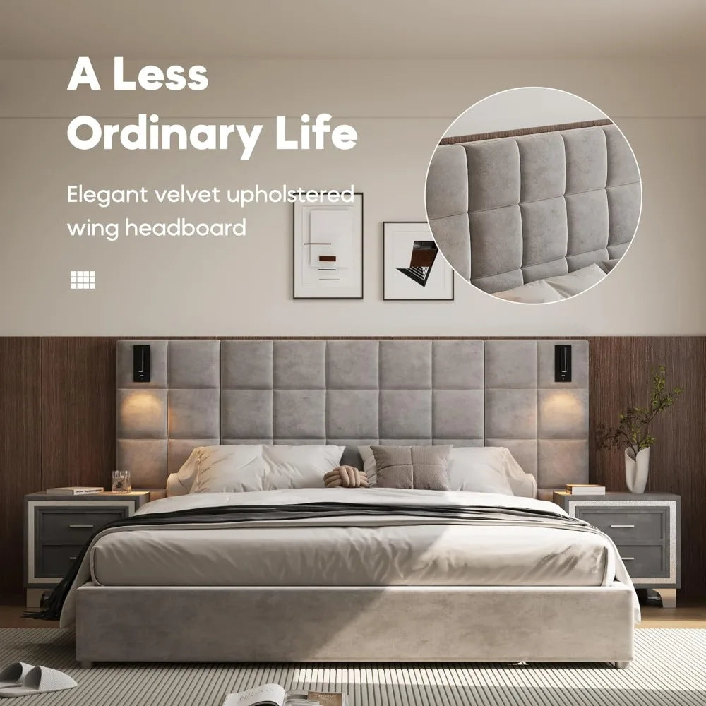 King Platform Bed Frame with Headboard, Elegant Velvet Upholstered Bed with Grid Pattern Padded Headboard, 2 LED Wall Sconces &