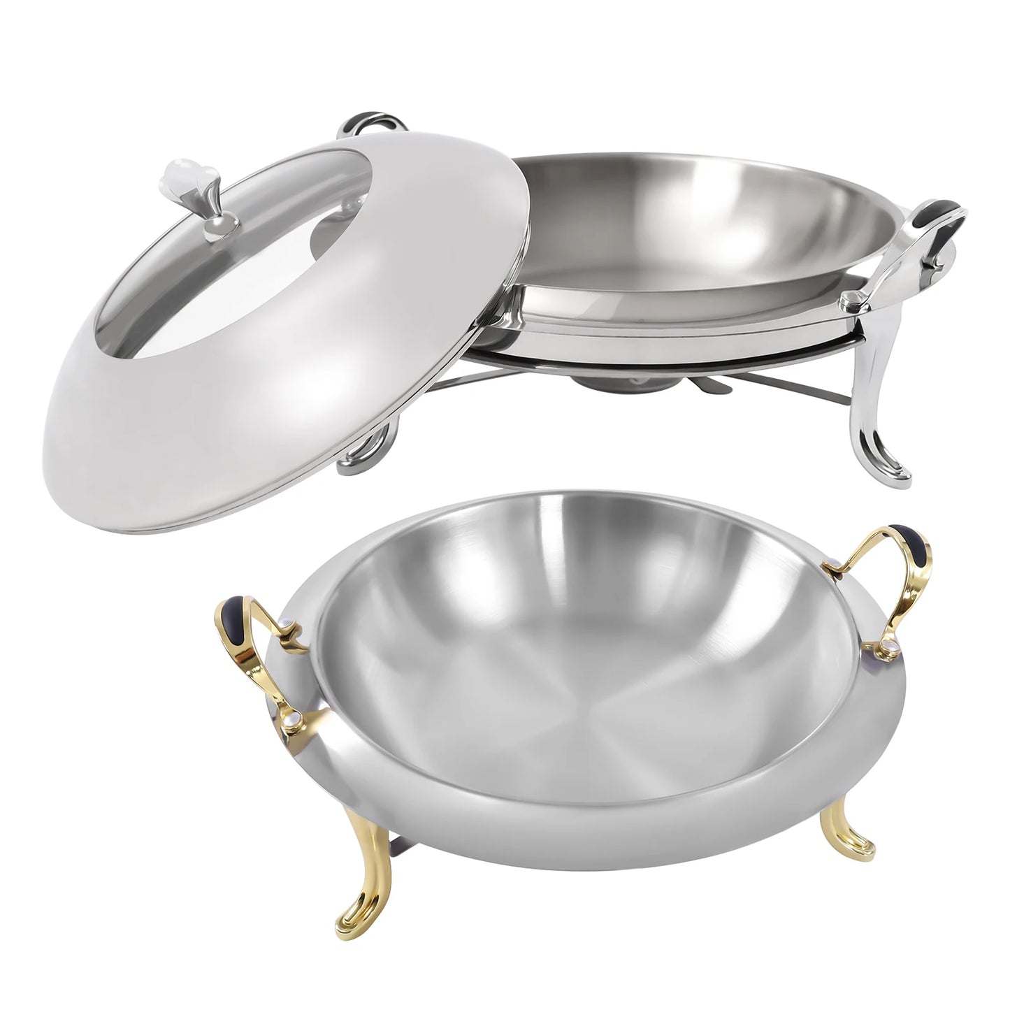 Chafing Dish Stainless Steel Round Durable Buffet Warmer  with Lid and Chafing Fuel Holder for Kitchen Party Dining