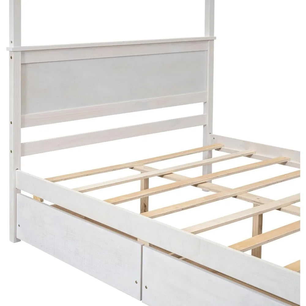 Full Size Canopy Bed with 2 Storage Drawers, 4-Post Wood Full Platform Bed Frame with Headboard, No Box Spring Needed - Brushed