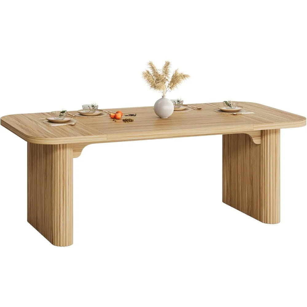 Modern Dining Table for 6 People, 63-Inch Natural Wood Kitchen Table with Double Robust Pedestal, Long Rectangle Wood