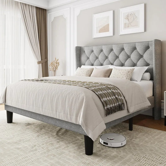 Full Size Upholstered Bed Frame with Wingback Headboard, Fabric Linen Platform Bed, 8" Under Bed Storage, Wooden and Metal Slats