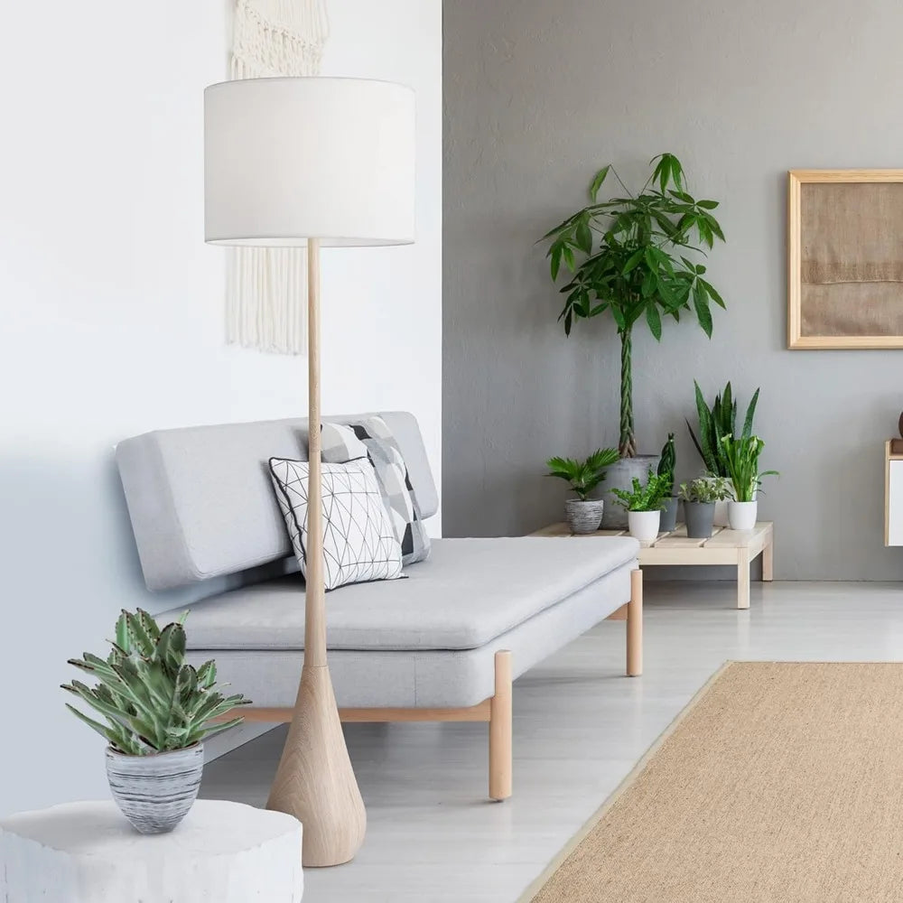 Globe Electric 52112 65 Floor Lamp with Faux Wood Finish, White Cotton Shade, Japandi Style, E26 Base, Suitable for Modern Bedro