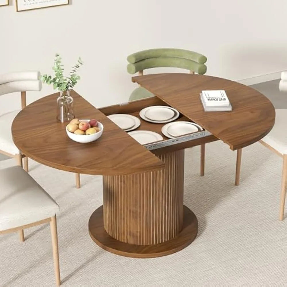 Adjustable 43.3-59 Inch Round Dining Table, Modern Farmhouse Style, Seats 4-6, Unique Circular Kitchen Table Design