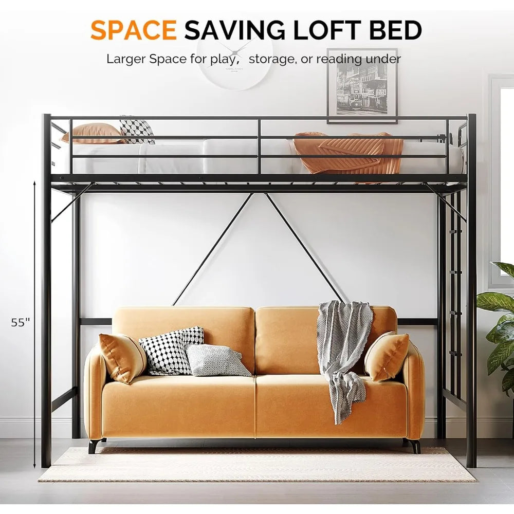 Queen Loft Bed with Flat Rungs for Adults, Kids and Young Teens, No Box Spring Required, Heavy Duty Metal Slat Support