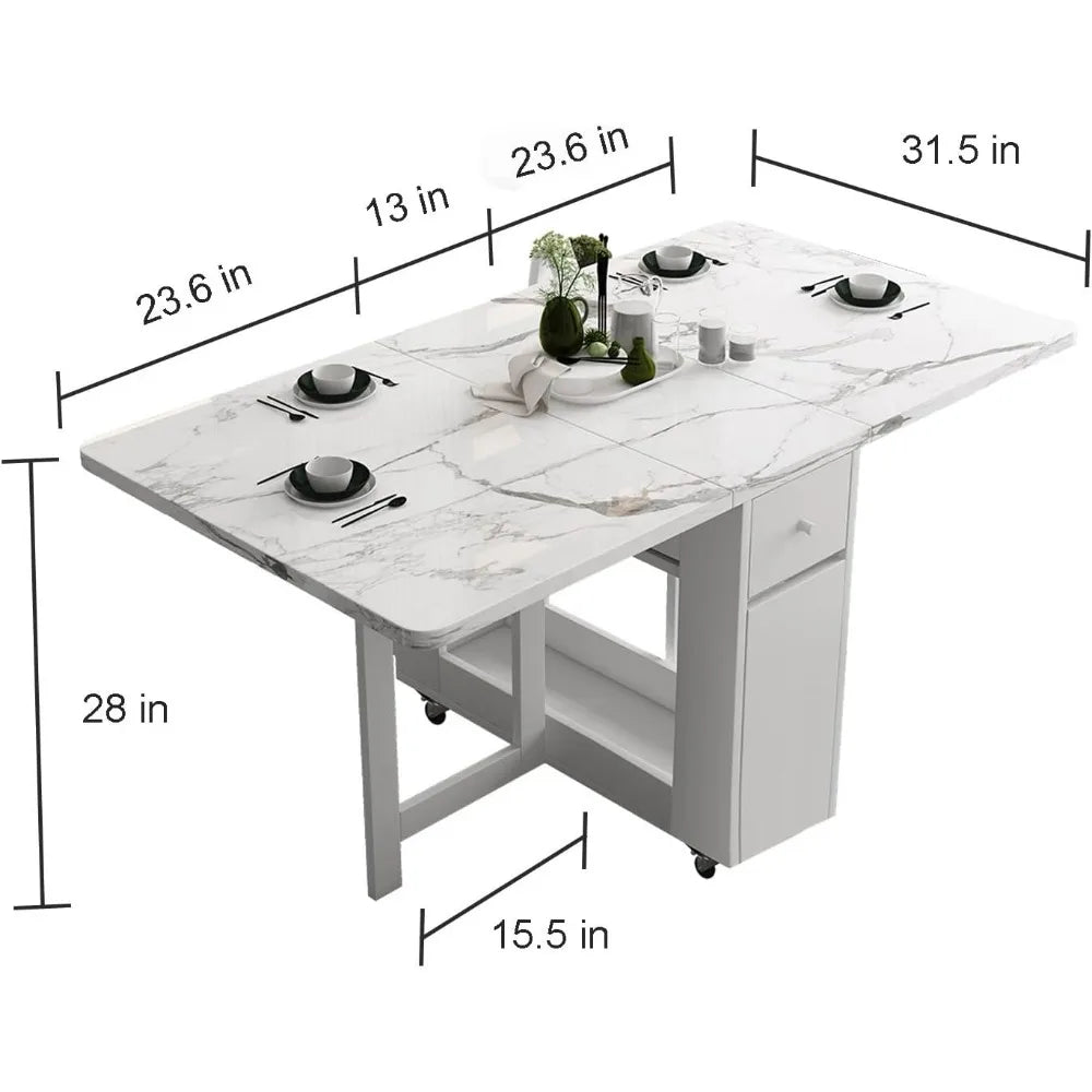Space-Saving Extendable Folding Dining Table with Storage Rack and Drawers, White