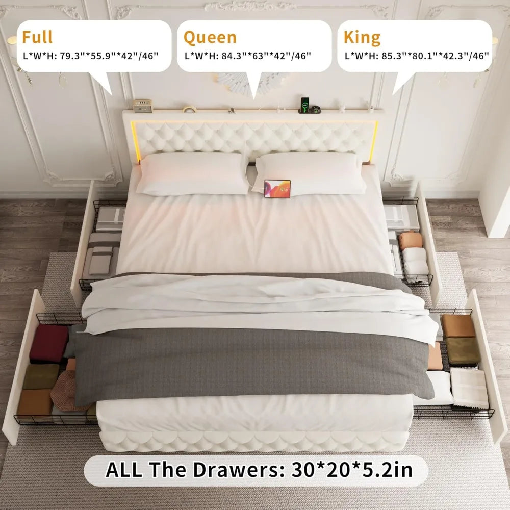 Queen Bed Frame with 4 Storage Drawers, Velvet Upholstered Bed Frame Queen Size with Charging Station and LED Lights, 46" Adjust