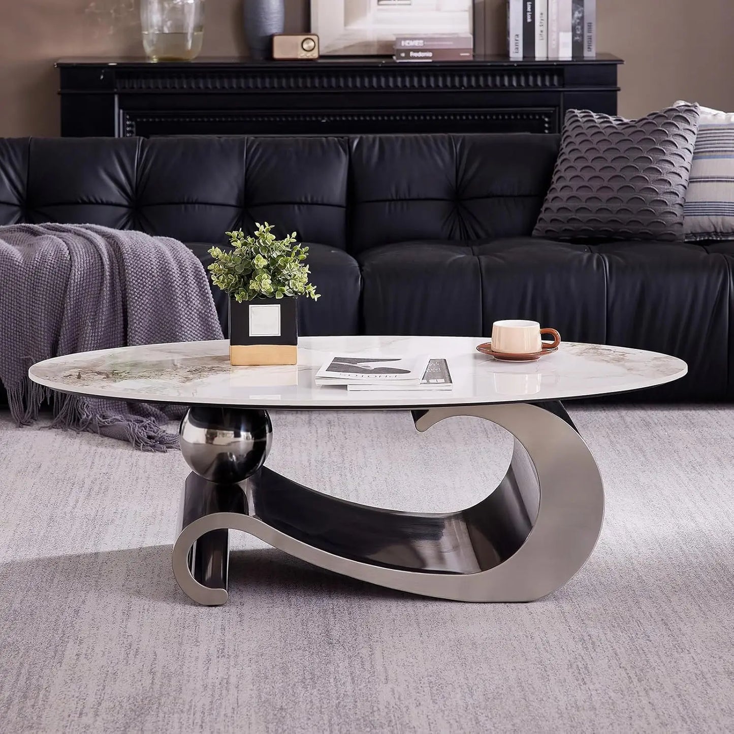 Modern Oval Stone Coffee Table with Gray Metal Base - Elegant Centerpiece for Stylish Living Rooms - 49.2" Lx27.6 Wx15.8 H