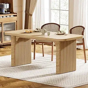 Modern Dining Table for 6 People, 63-Inch Natural Wood Kitchen Table with Double Robust Pedestal, Long Rectangle Wood