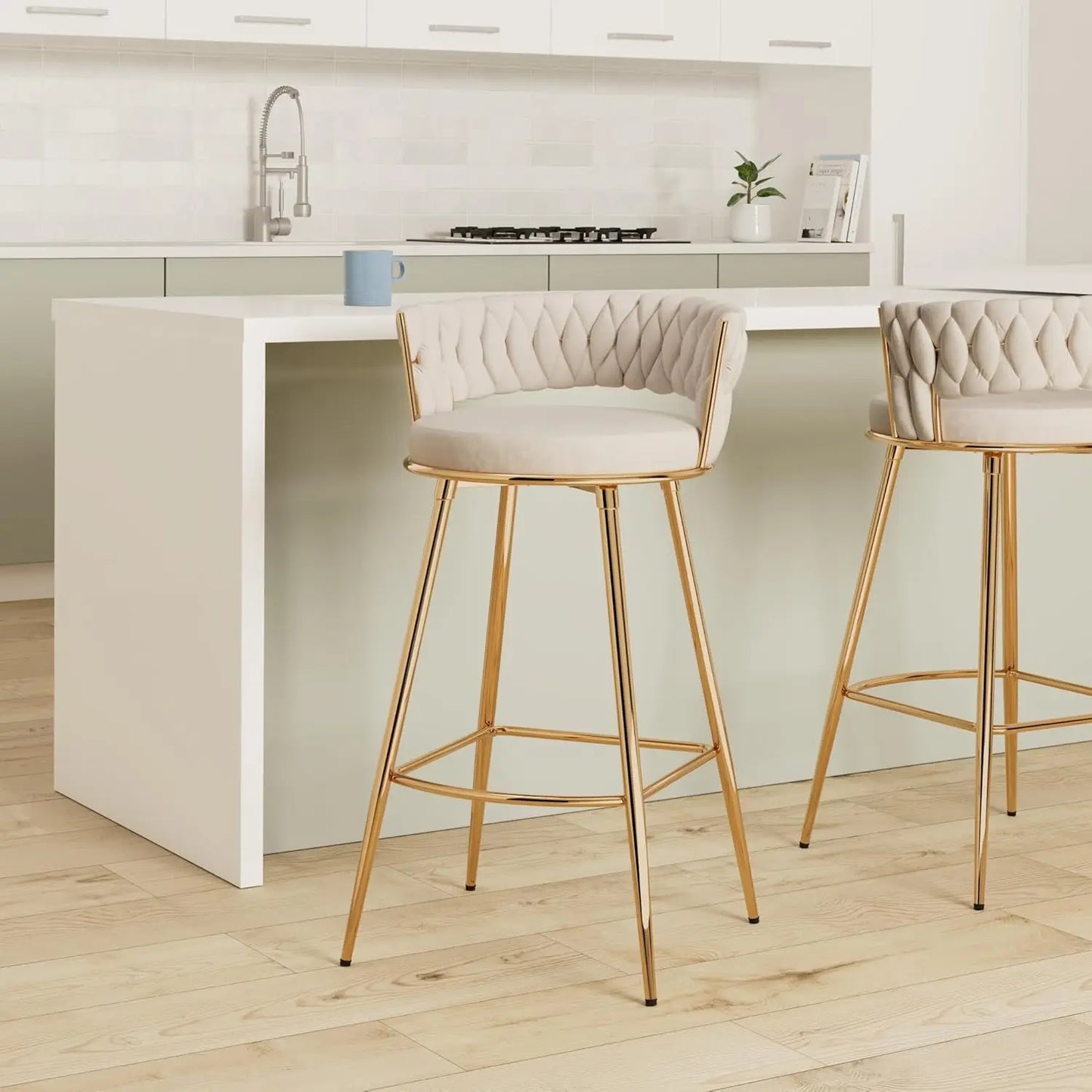 Modern Bar Stools Set of 4, Handmade Woven Back Armrest, Sturdy Golden Metal Legs for Home Dining Kitchen Island, Beige