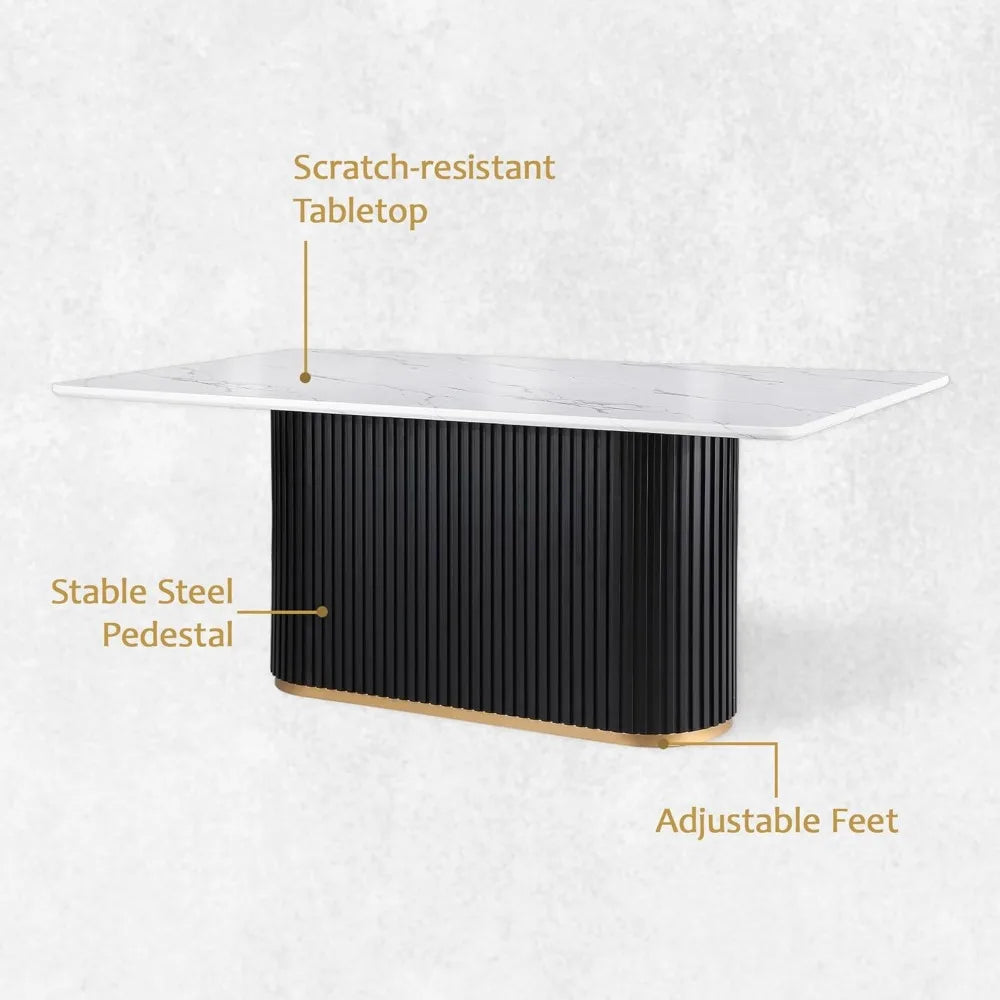 70" White Rectangular Faux Marble Dining Table with Black Fluted Base for 6, Suitable for Kitchen and Reception