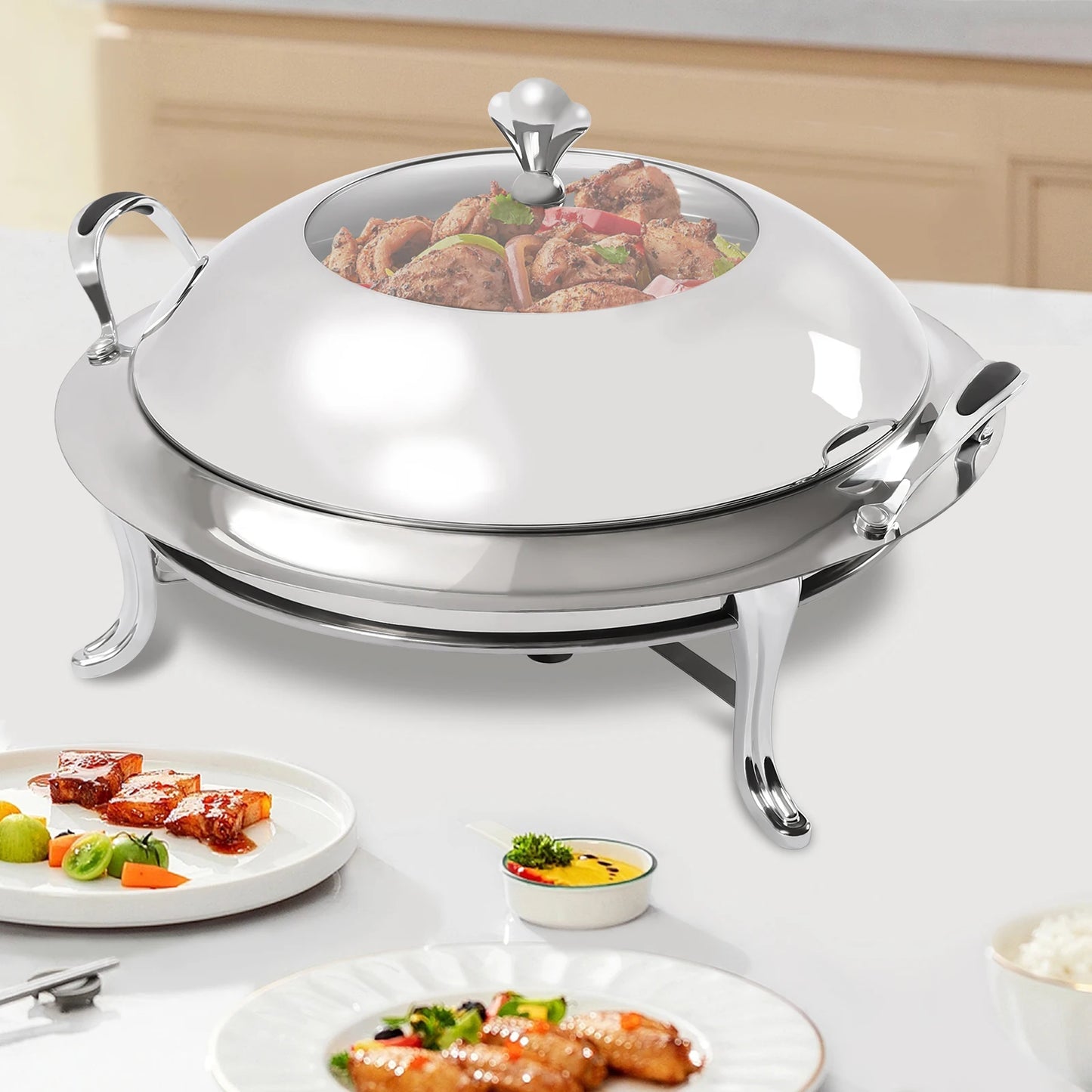 Chafing Dish Stainless Steel Round Durable Buffet Warmer  with Lid and Chafing Fuel Holder for Kitchen Party Dining
