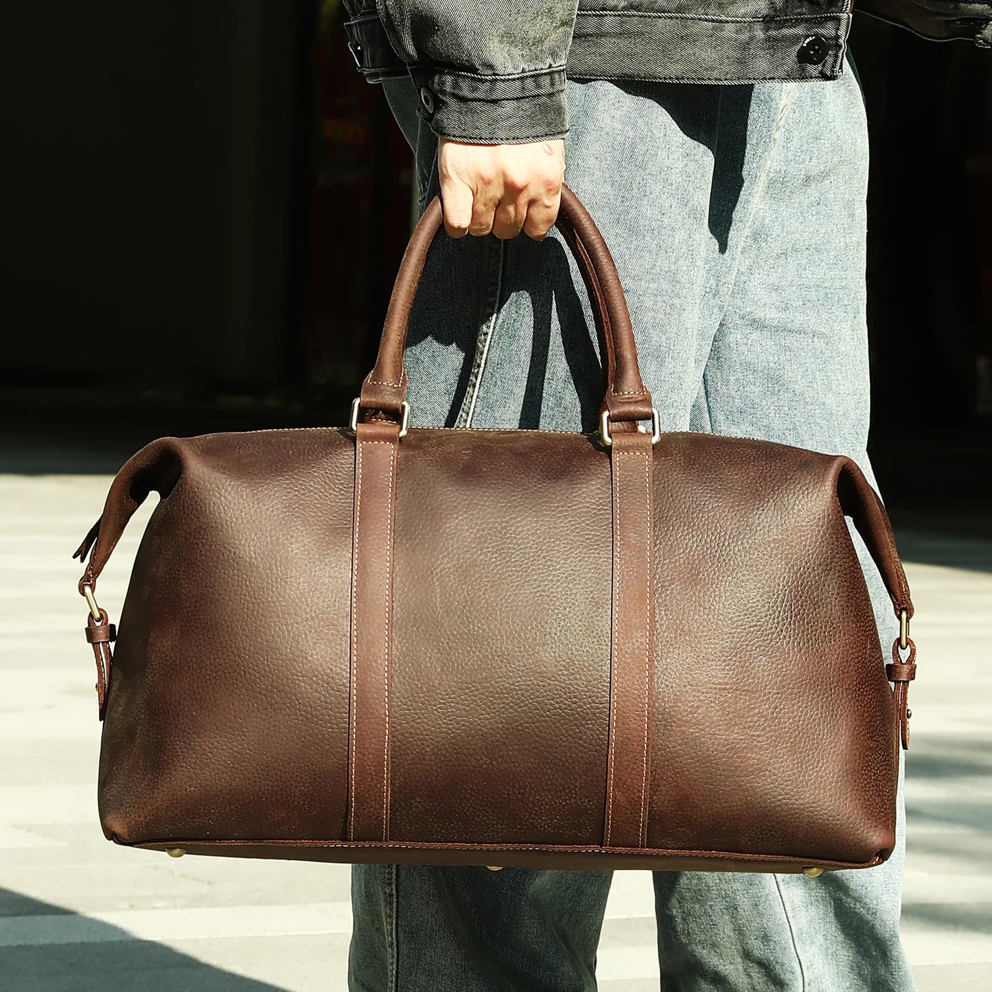 Vintage Crazy Horse Leather Travel Tote Bag for Men, High-end Genuine Leather Shoulder Bag