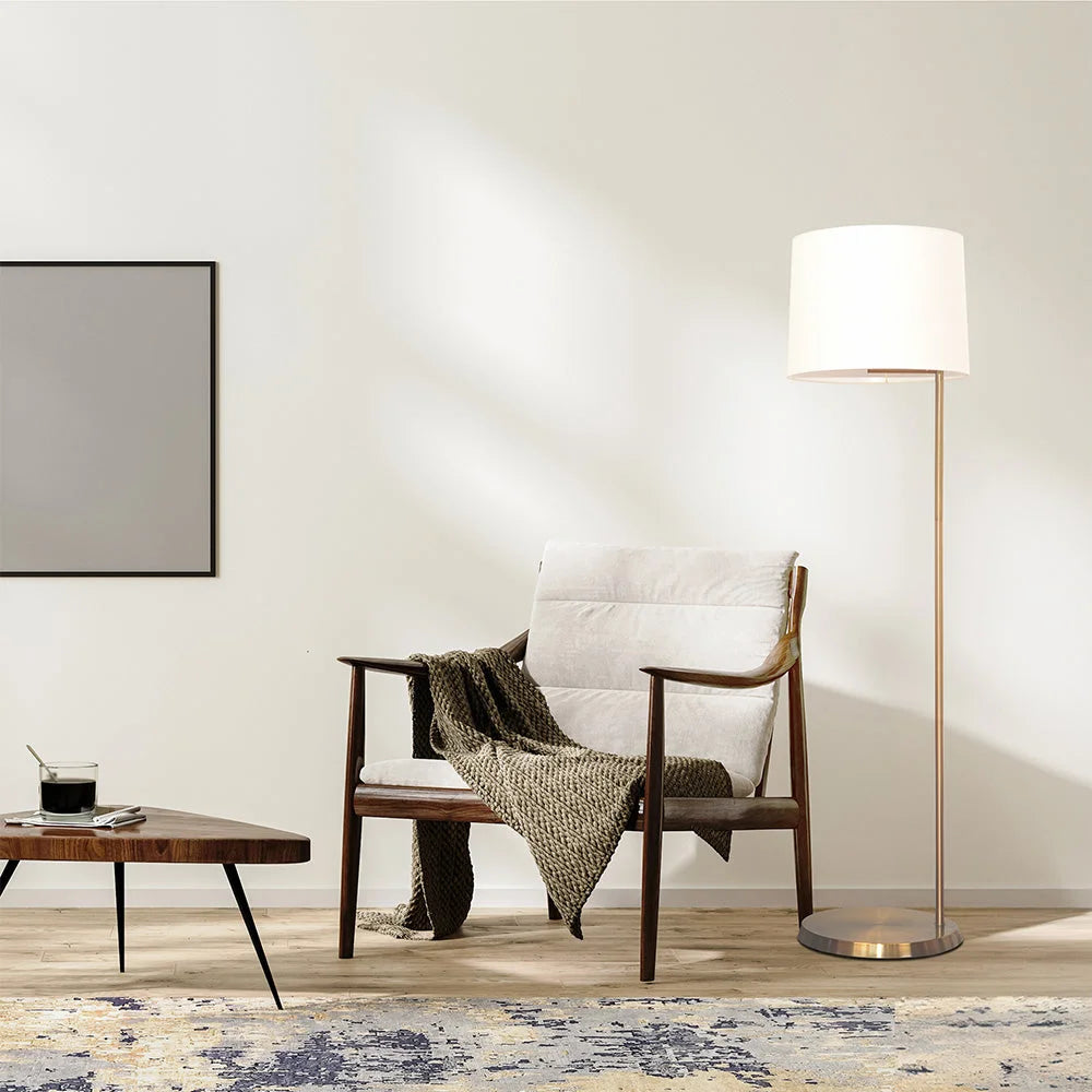 Zenith Offset Brass Base Floor Lamp with Drum-shaped Linen Shade Zenith Offset Brass Base Floor Lamp Drum-shaped Linen Shade