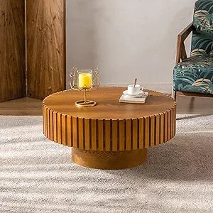 Mid-Century Modern Round Coffee Table with Hidden Storage, Solid Wood Veneer Center Table for Living Room