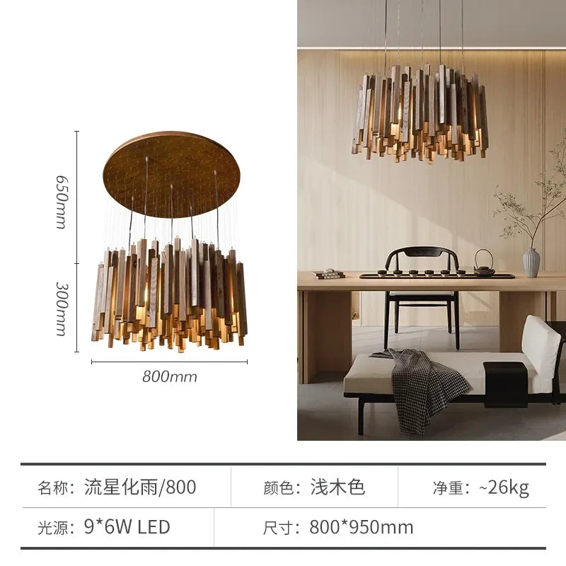 New Chinese Restaurant Chandelier Solid Wood Hanging Lamps E27 Retro Japanese Room Decor Lighting for Living Room Loft  Lustres