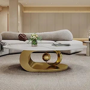 Oval Coffee Table for Living Room, Modern Center Table with Faux Marble Tabletop and Sculptural Stainless Steel Base, Silver+Whi