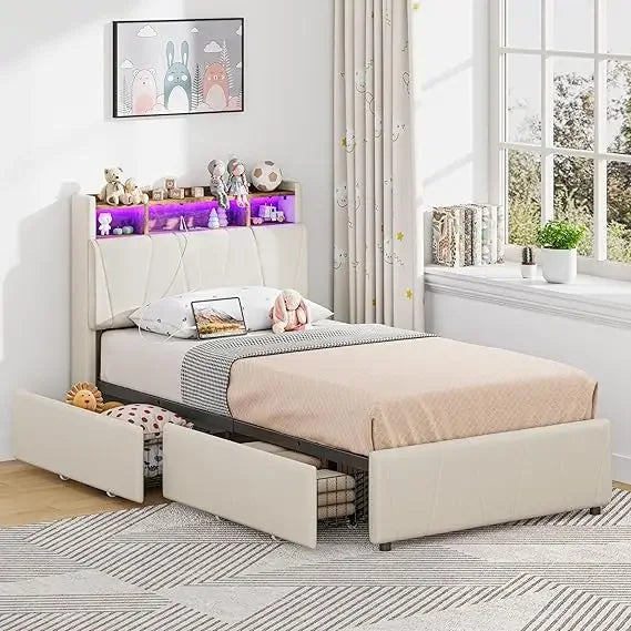 Upholstered Twin Bed Frame with Storage Drawers, Charging Station, LED Lights, and Storage Headboard