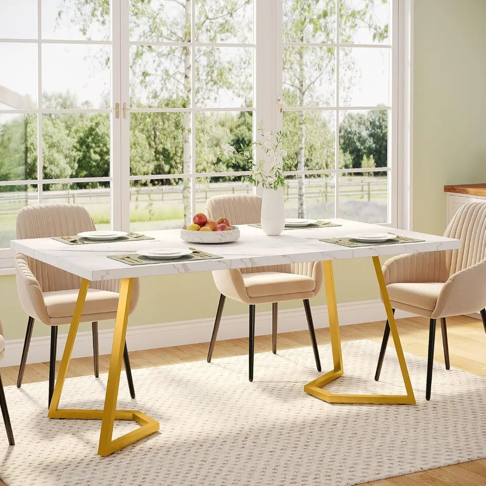 Gold Dining Dinner Table: 55 Inches Modern White Dining Room Table with Golden Legs, Faux Marble Small Kitchen Table