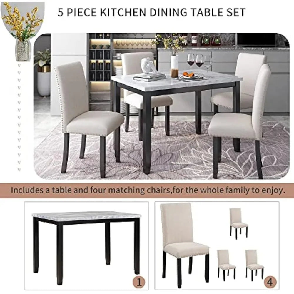 5 Piece Kitchen Table Set for 4, Wood Dining Table Set with Paper Marbling Table and 4 Dining Chairs for Kitchen Apartment